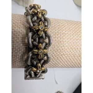Brighton Flower Link Bracelet 7.5in Two Tone Gold Silver Crystal nice!